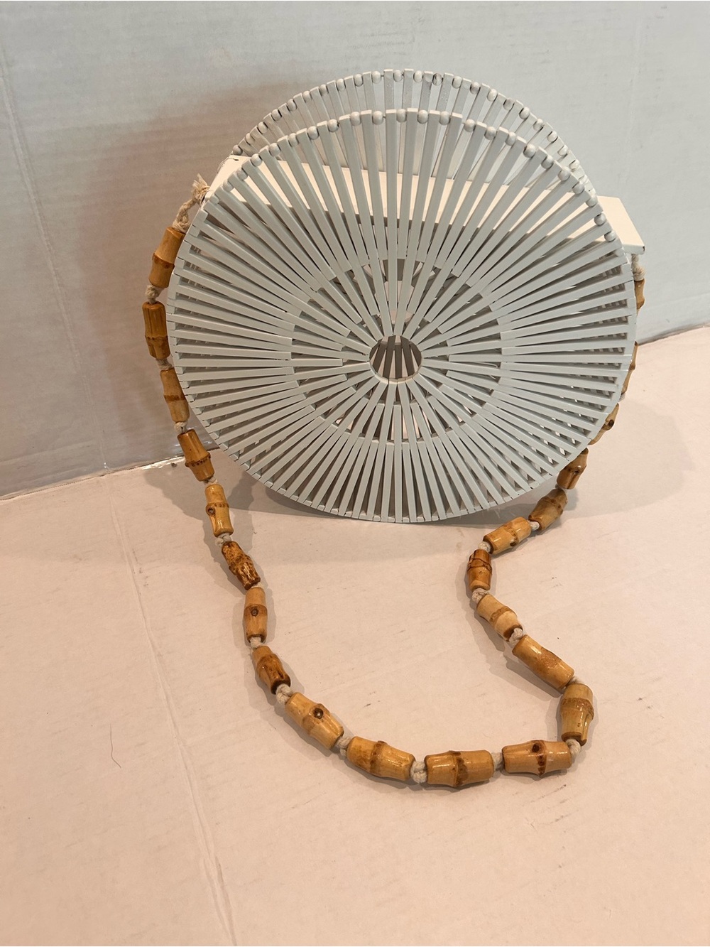 Round Woven Crossbody Bag with Bamboo-Bead Strap - White - Picture 3 of 9